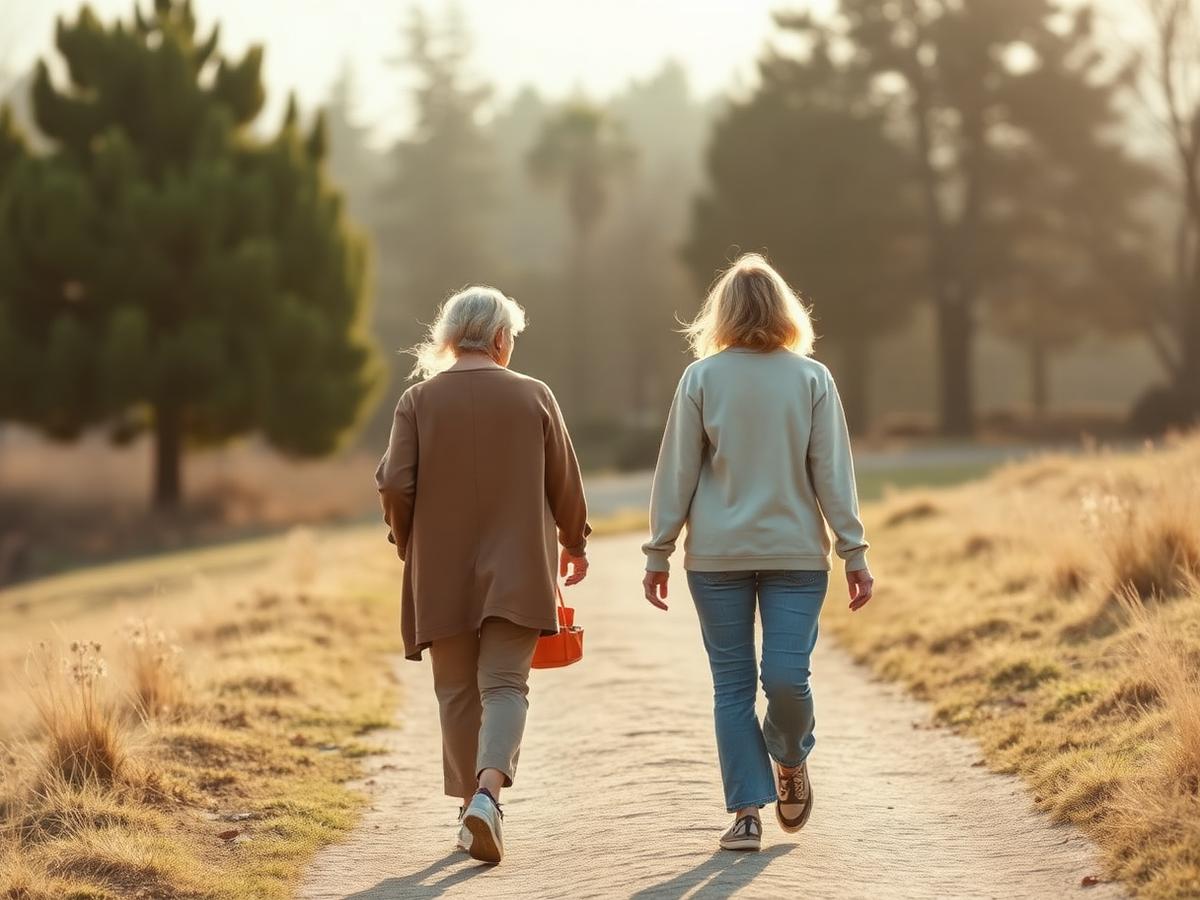 Two people walking outdoors in morning light